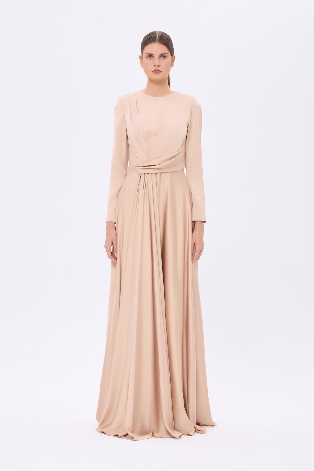 Bel Drape Detaylı Uzun Kollu Uzun Abiye Elbise - 9208C - Şampanya