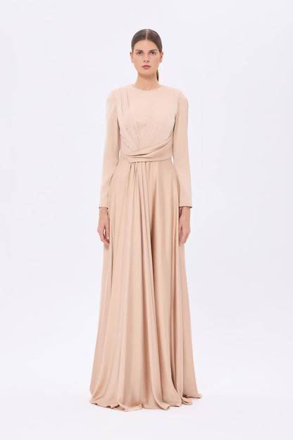Bel Drape Detaylı Uzun Kollu Uzun Abiye Elbise - 9208C - Şampanya