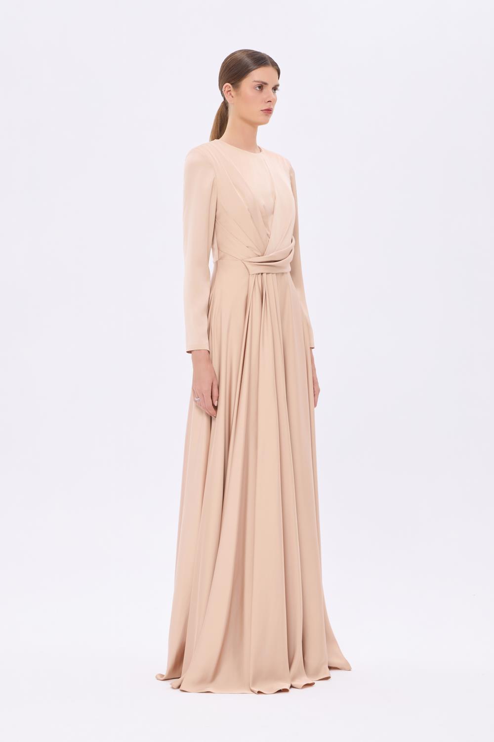 Bel Drape Detaylı Uzun Kollu Uzun Abiye Elbise - 9208C - Şampanya