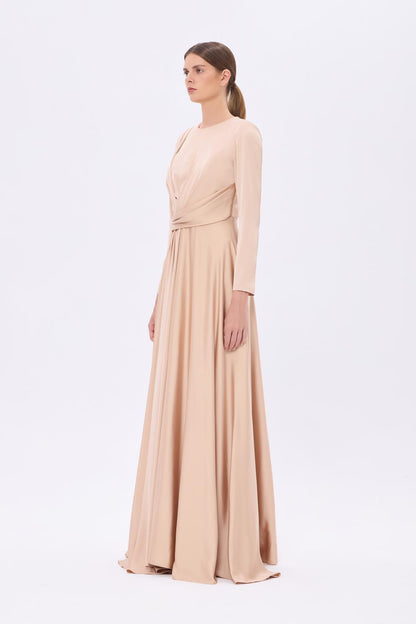 Bel Drape Detaylı Uzun Kollu Uzun Abiye Elbise - 9208C - Şampanya