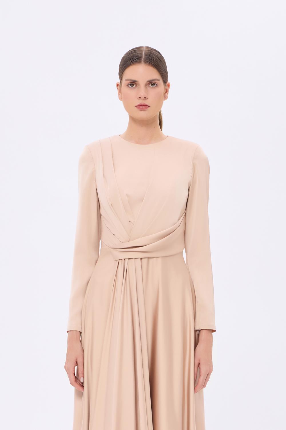 Bel Drape Detaylı Uzun Kollu Uzun Abiye Elbise - 9208C - Şampanya