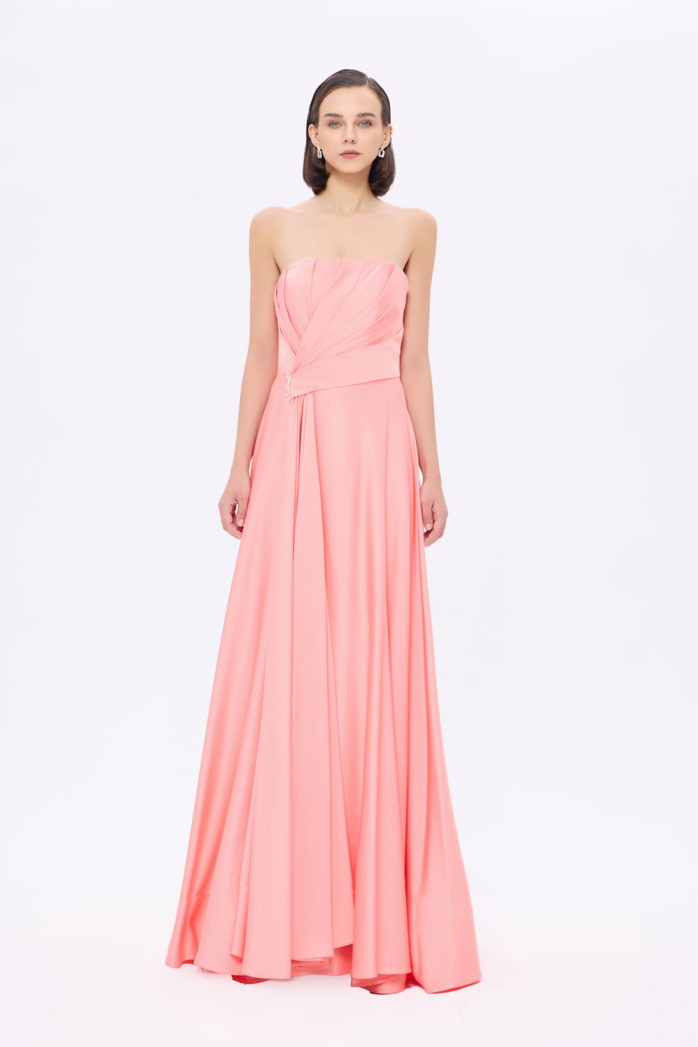Taş Detaylı Drapeli Straplez Uzun Abiye Elbise - 9209C - PEMBE