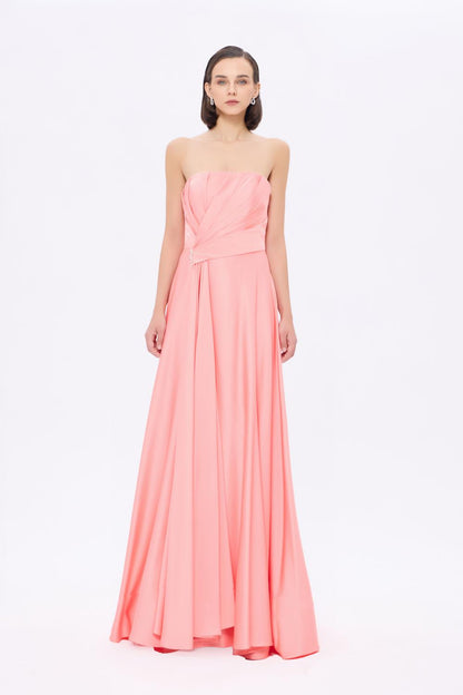 Taş Detaylı Drapeli Straplez Uzun Abiye Elbise - 9209C - PEMBE