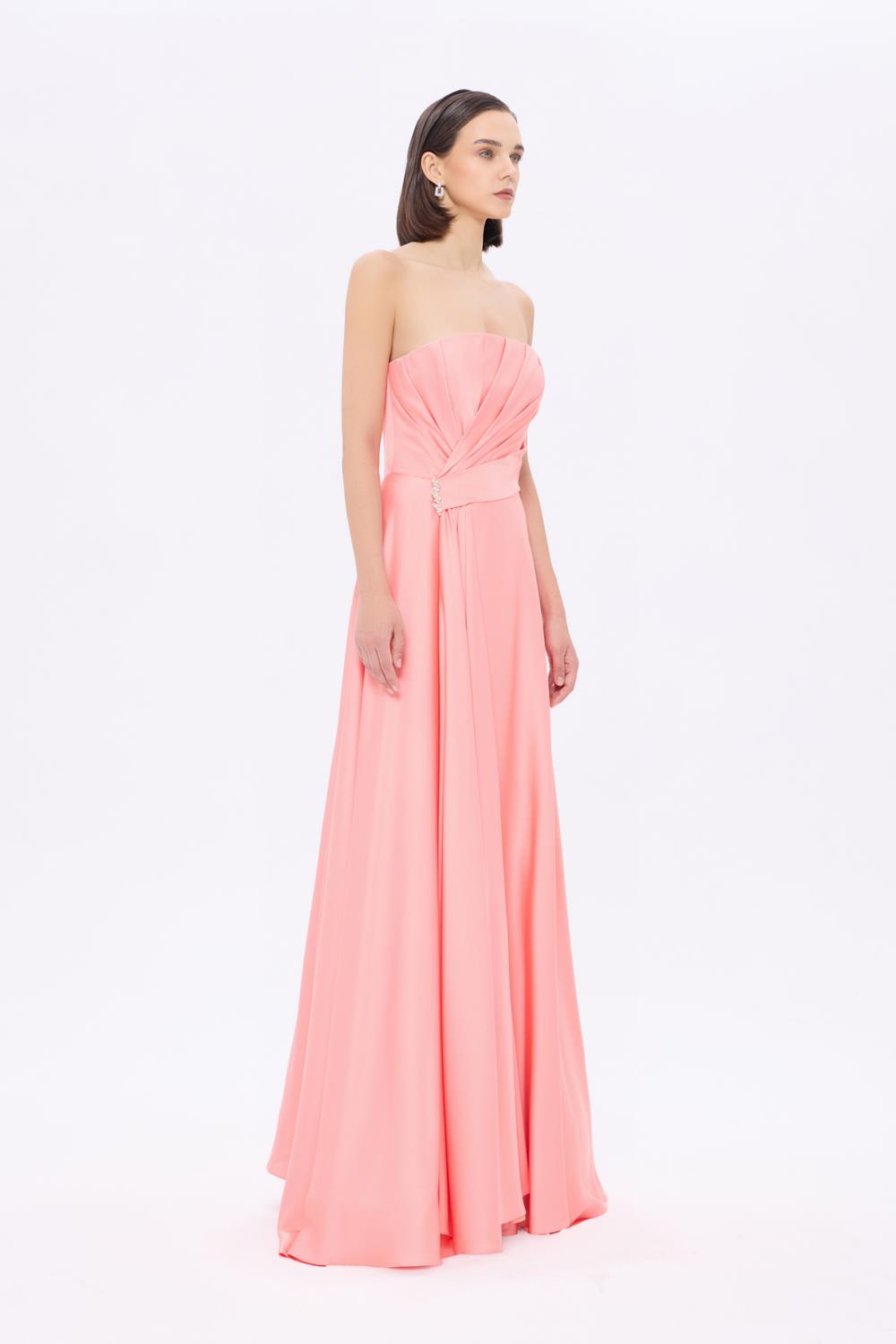 Taş Detaylı Drapeli Straplez Uzun Abiye Elbise - 9209C - PEMBE