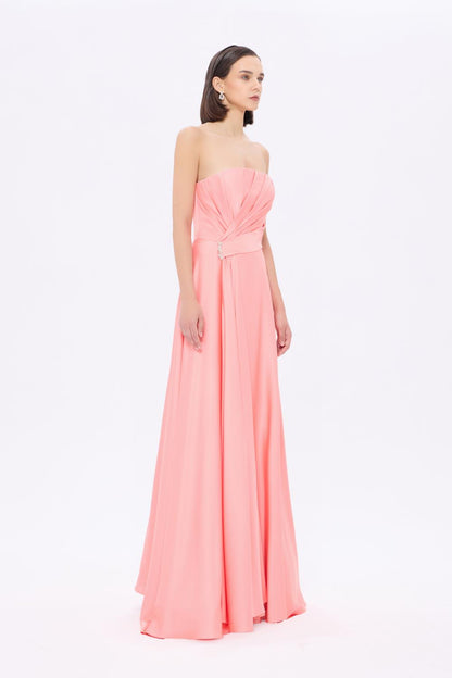 Taş Detaylı Drapeli Straplez Uzun Abiye Elbise - 9209C - PEMBE