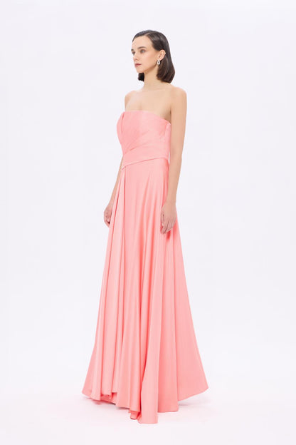 Taş Detaylı Drapeli Straplez Uzun Abiye Elbise - 9209C - PEMBE