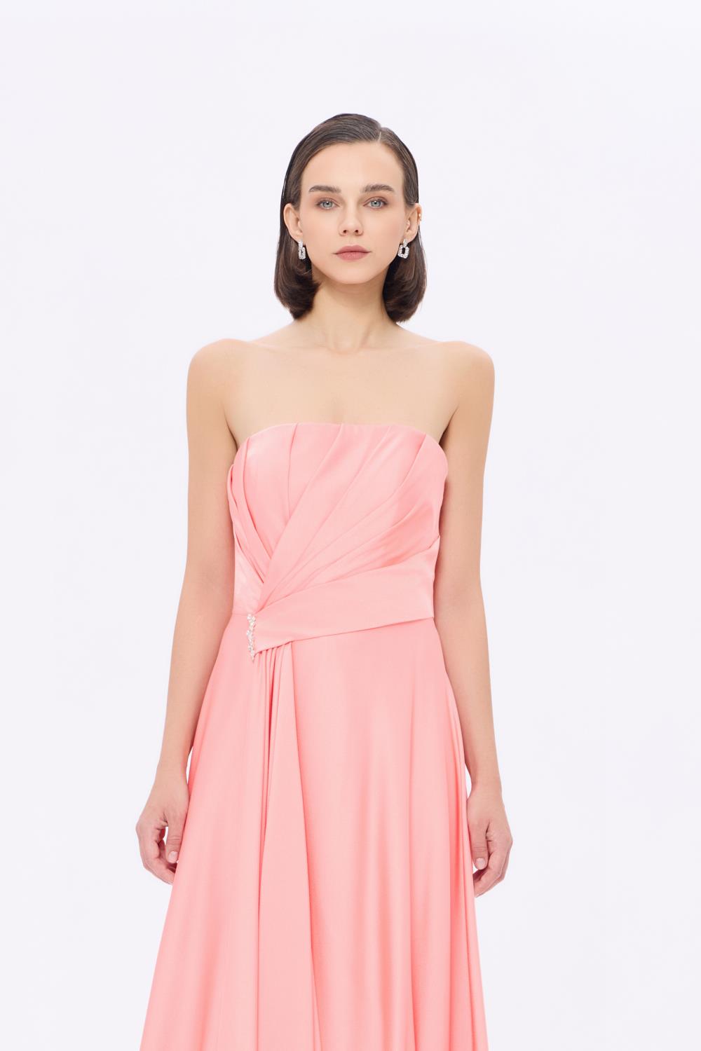 Taş Detaylı Drapeli Straplez Uzun Abiye Elbise - 9209C - PEMBE