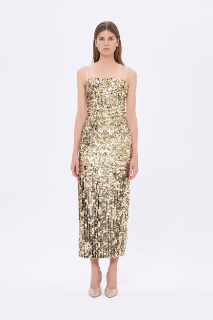 Askılı Yırtmaçlı Payet Midi Abiye Elbise - 9276C - GOLD