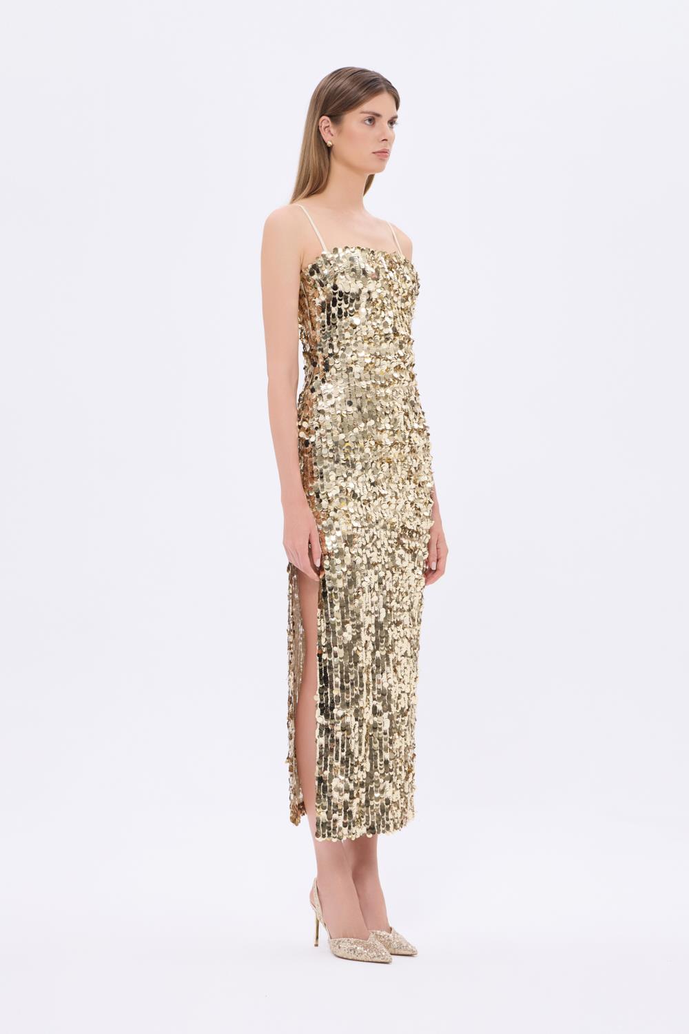 Askılı Yırtmaçlı Payet Midi Abiye Elbise - 9276C - GOLD