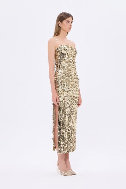 Askılı Yırtmaçlı Payet Midi Abiye Elbise - 9276C - GOLD