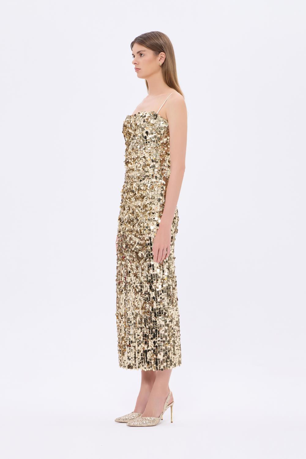 Askılı Yırtmaçlı Payet Midi Abiye Elbise - 9276C - GOLD