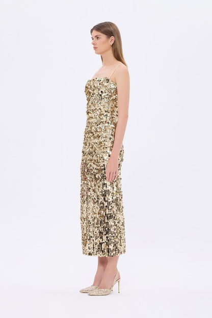 Askılı Yırtmaçlı Payet Midi Abiye Elbise - 9276C - GOLD