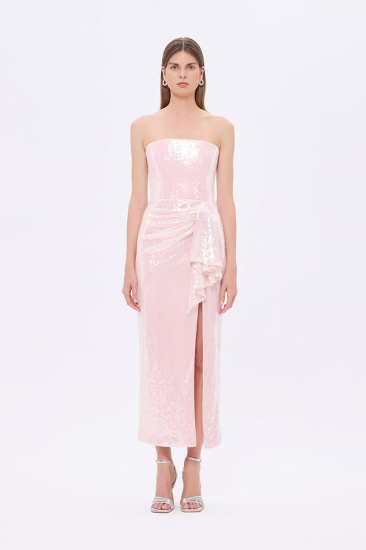 Bel Drape Detaylı Straplez Midi Abiye Elbise - 9295C - PUDRA