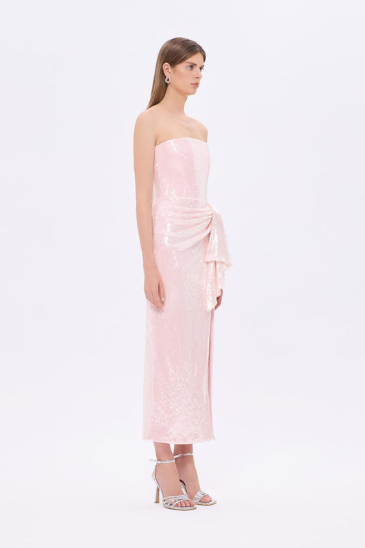 Bel Drape Detaylı Straplez Midi Abiye Elbise - 9295C - PUDRA