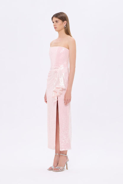 Bel Drape Detaylı Straplez Midi Abiye Elbise - 9295C - PUDRA