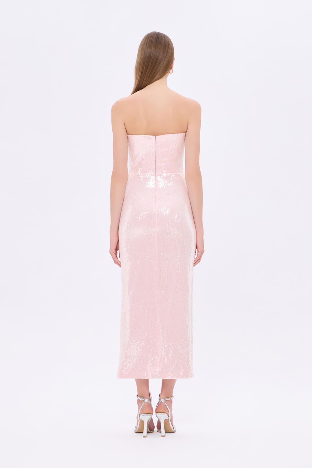 Bel Drape Detaylı Straplez Midi Abiye Elbise - 9295C - PUDRA