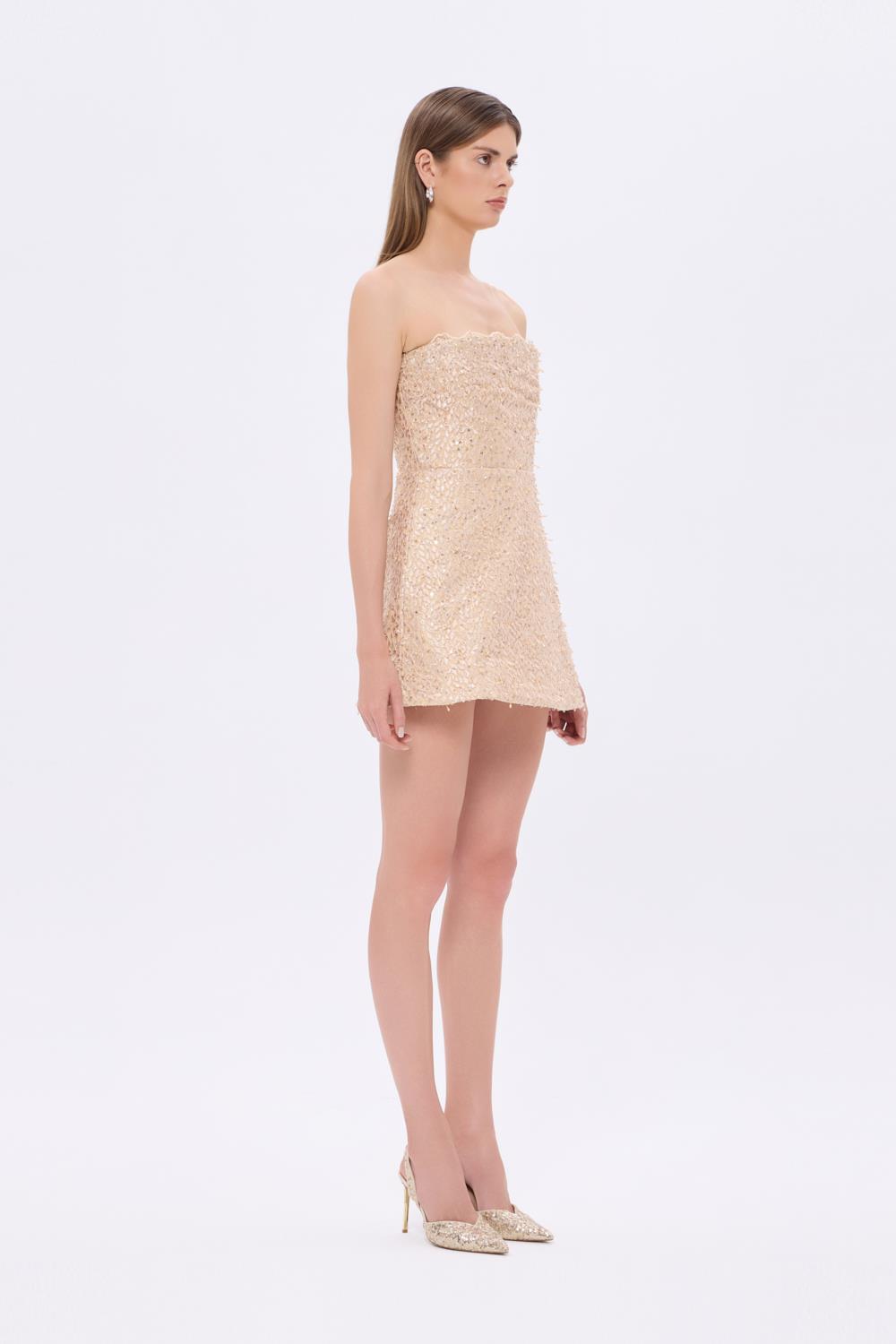 İşlemeli Straplez Yaka Mini Abiye Elbise - 9296C - GOLD