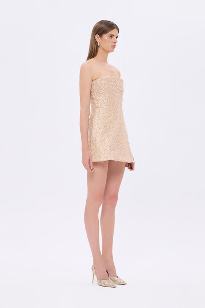 İşlemeli Straplez Yaka Mini Abiye Elbise - 9296C - GOLD