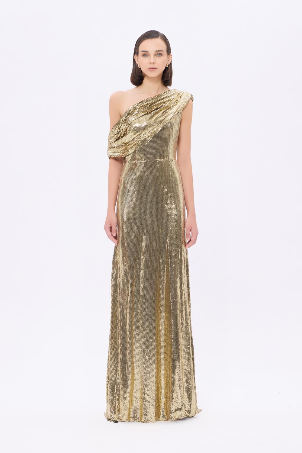 Asimetrik Yaka Payetli Uzun Abiye Elbise - 9305C - Yeşil Gold