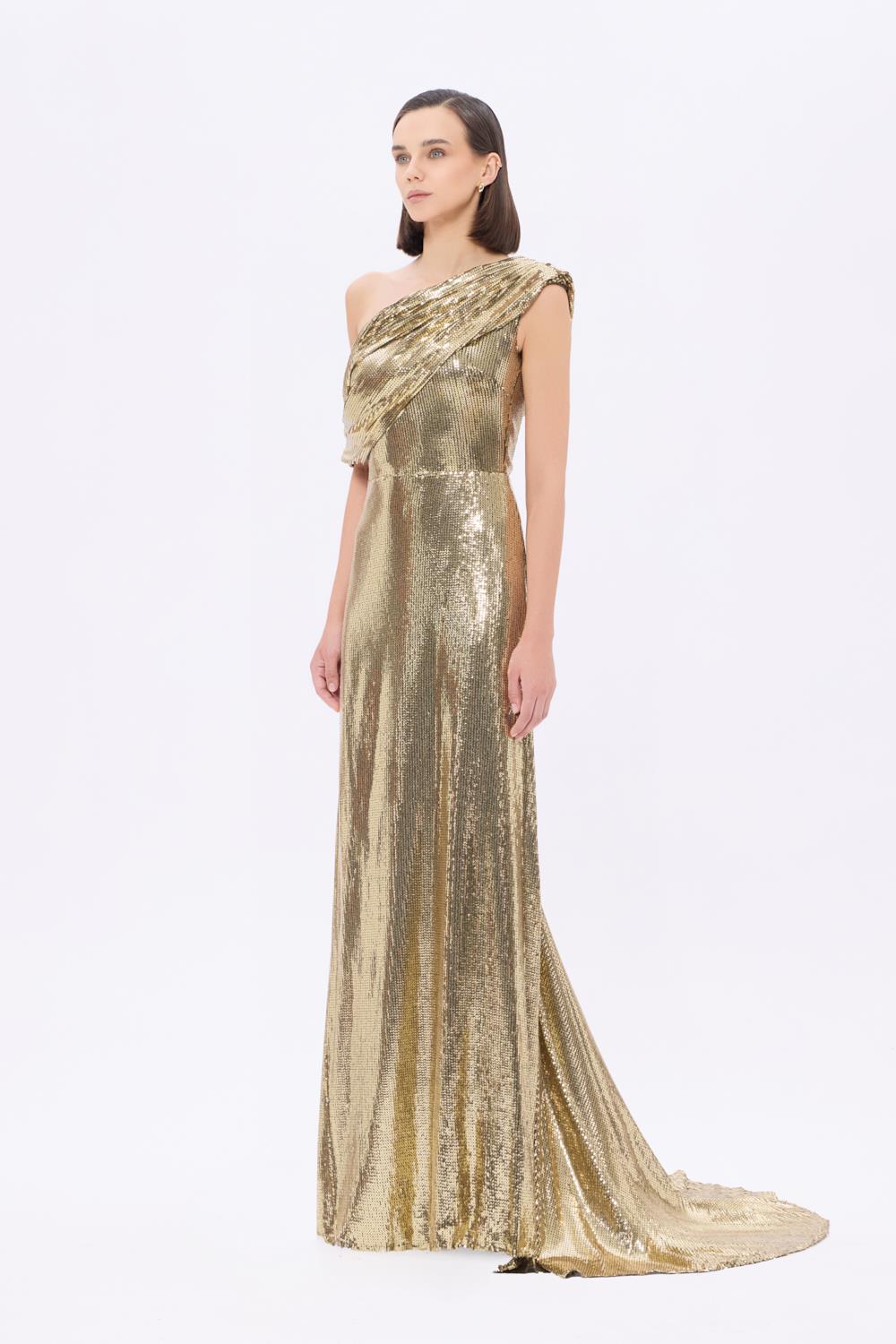 Asimetrik Yaka Payetli Uzun Abiye Elbise - 9305C - Yeşil Gold