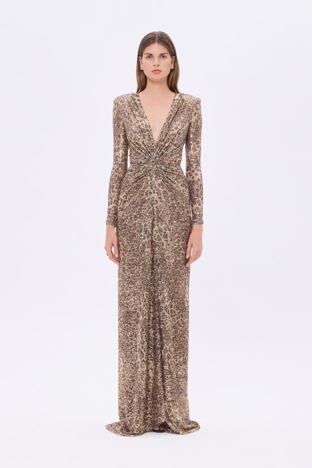 Leopar Desenli Payet V Yaka Uzun Abiye Elbise - 9333C - LEOPAR