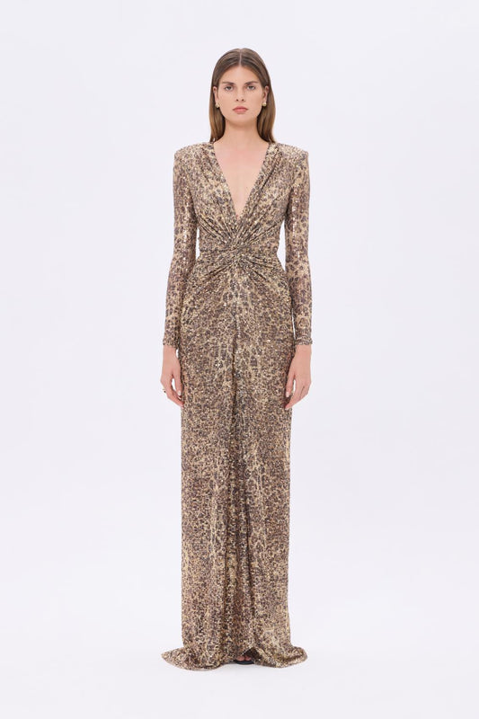 Leopar Desenli Payet V Yaka Uzun Abiye Elbise - 9333C - LEOPAR