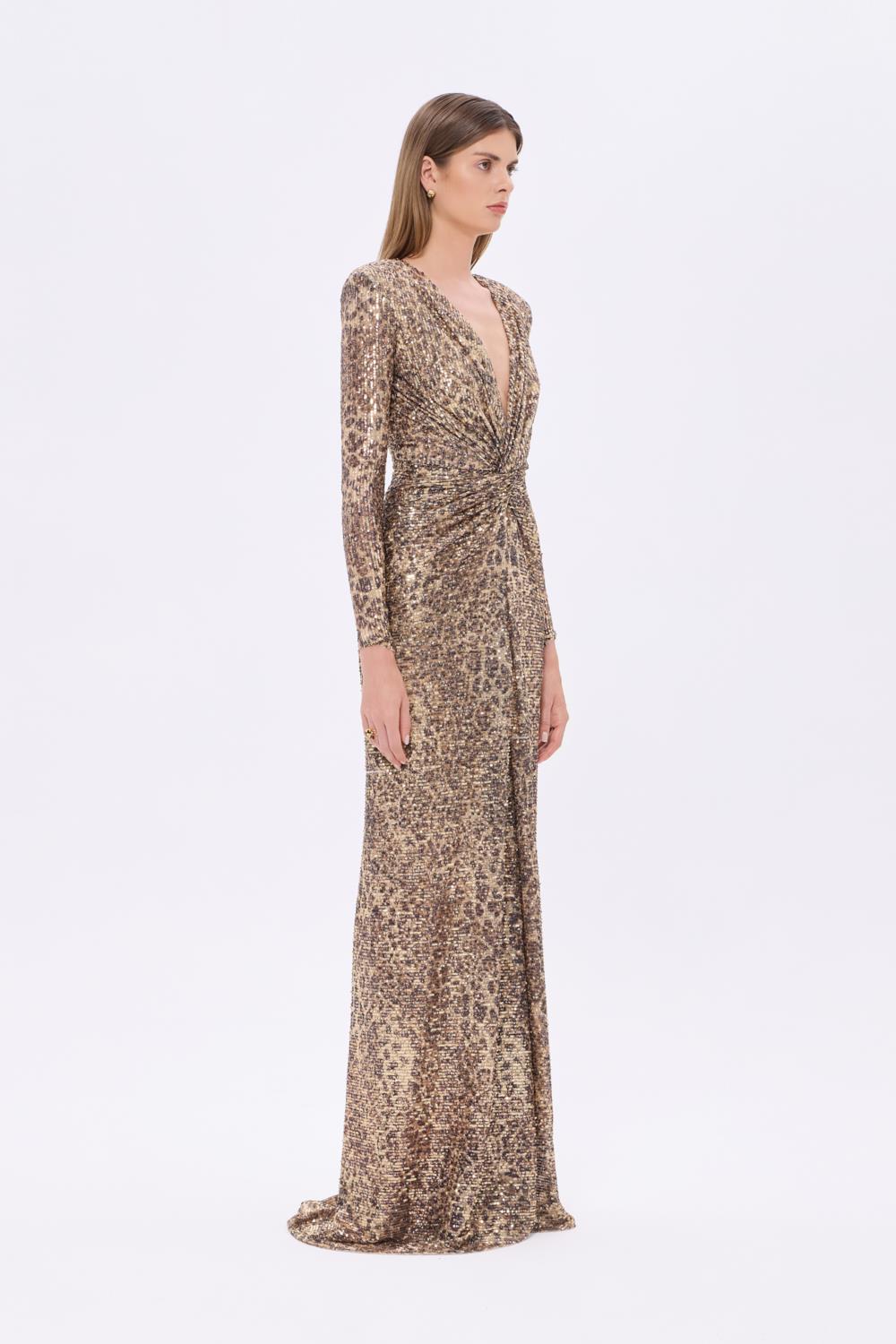 Leopar Desenli Payet V Yaka Uzun Abiye Elbise - 9333C - LEOPAR