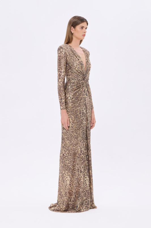 Leopar Desenli Payet V Yaka Uzun Abiye Elbise - 9333C - LEOPAR