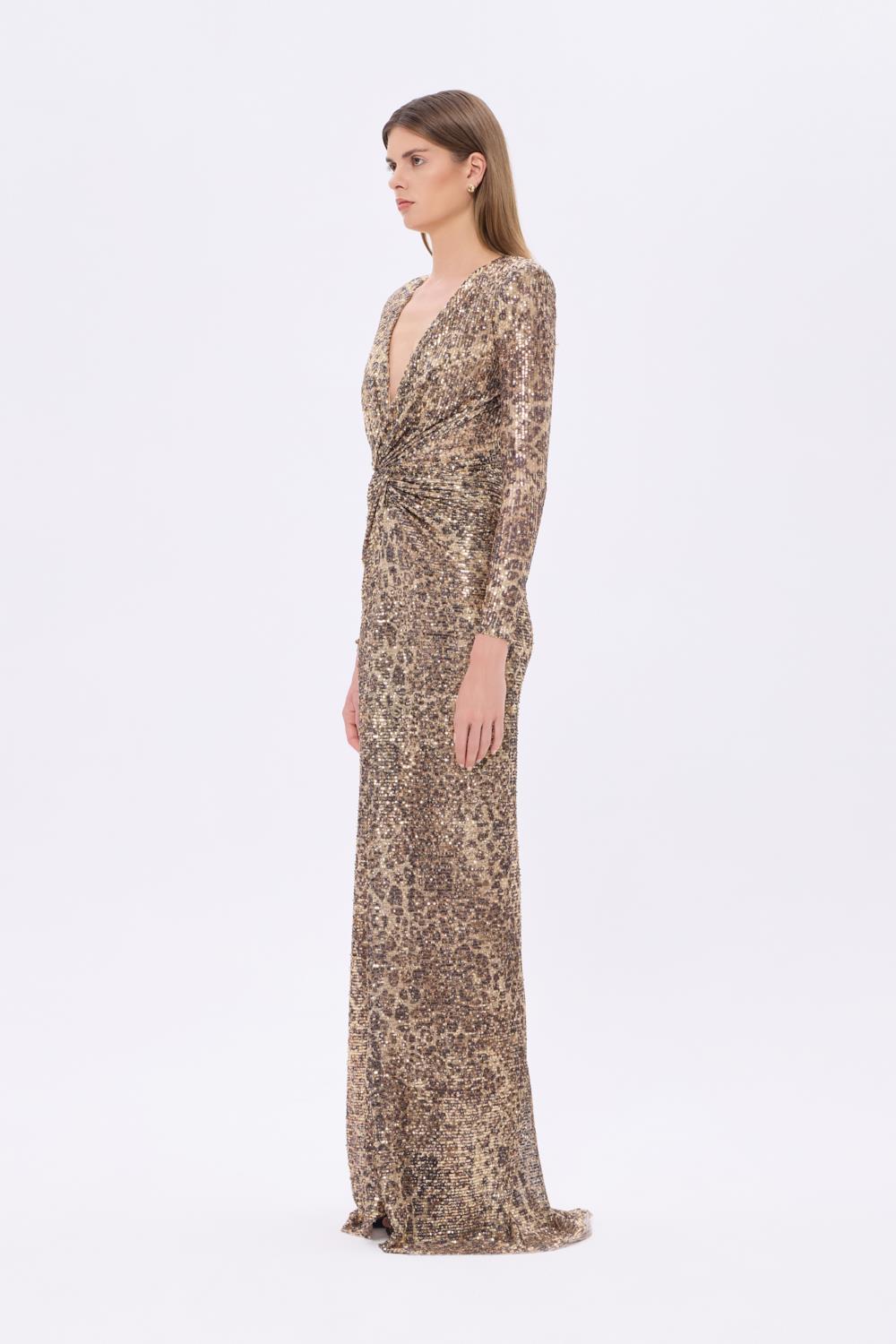 Leopar Desenli Payet V Yaka Uzun Abiye Elbise - 9333C - LEOPAR