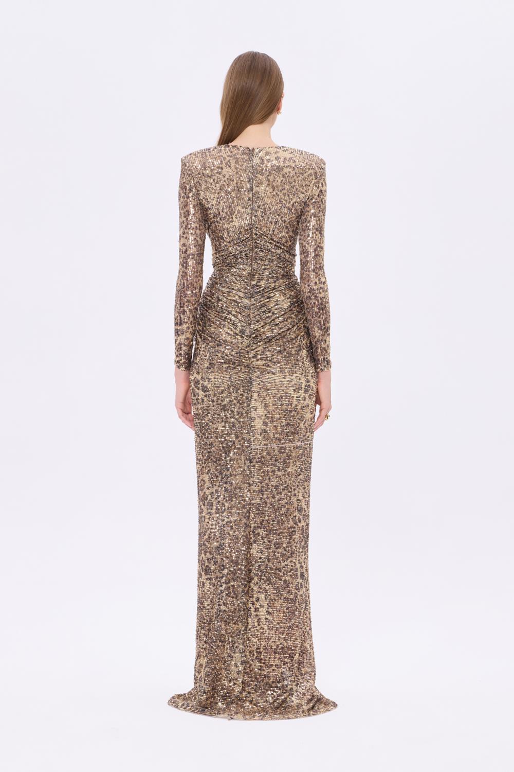 Leopar Desenli Payet V Yaka Uzun Abiye Elbise - 9333C - LEOPAR