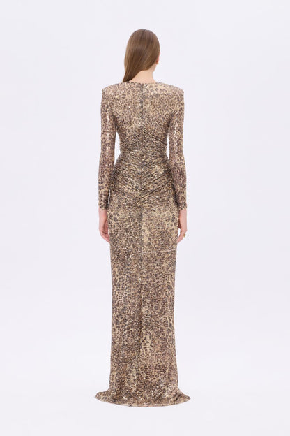 Leopar Desenli Payet V Yaka Uzun Abiye Elbise - 9333C - LEOPAR