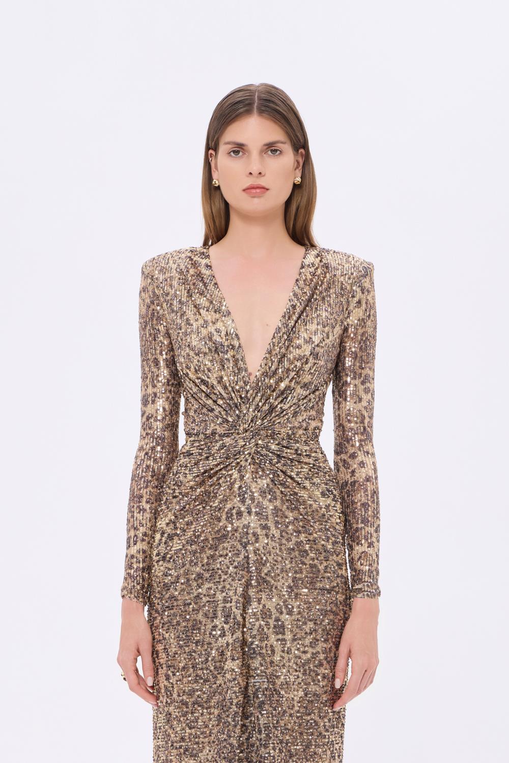 Leopar Desenli Payet V Yaka Uzun Abiye Elbise - 9333C - LEOPAR