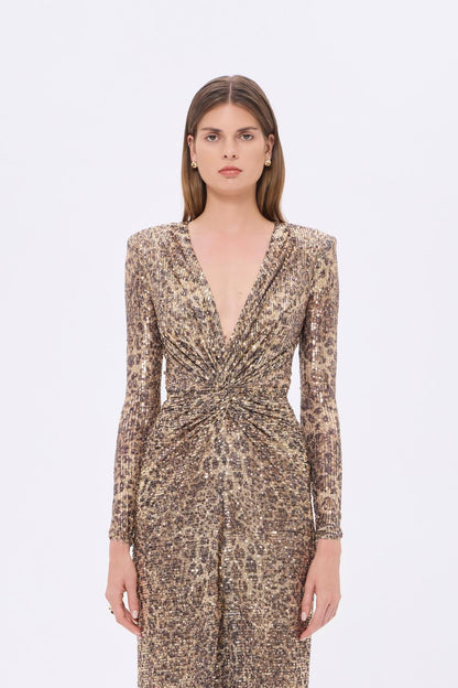Leopar Desenli Payet V Yaka Uzun Abiye Elbise - 9333C - LEOPAR